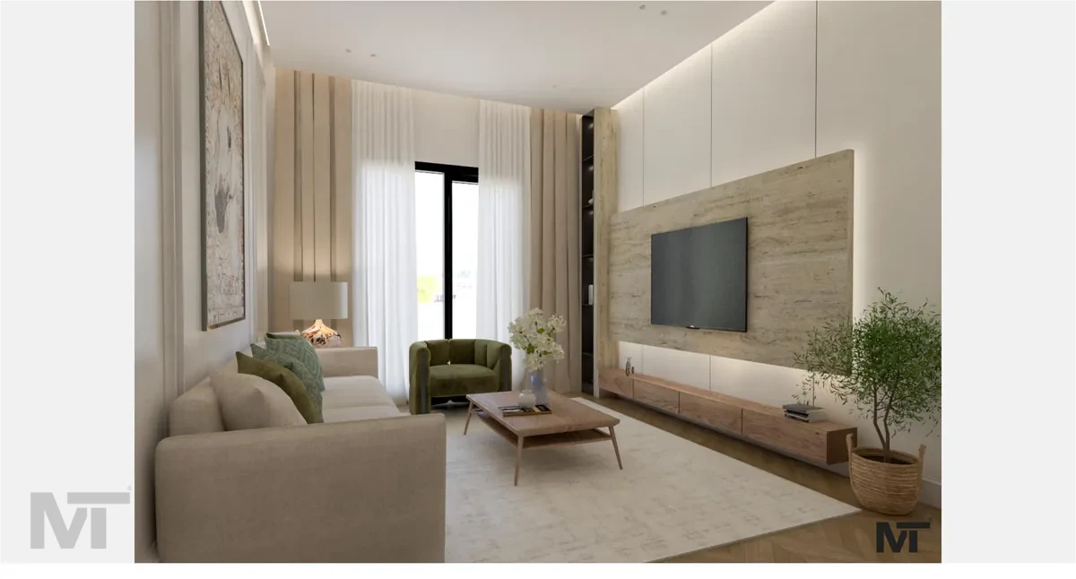 غرفة معيشة طبيعية عصرية - منظور التصميم رقم 1